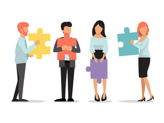 Fototapeta premium Business people standing and holding puzzle pieces. Teamwork business concept of unity and partnership vector illustration. Men and women with puzzles stand together. Company office employees teamwork