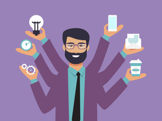 Business man surrounded by hands with office things. Multitasking and time management concept. Multiarmed businessman in suit with office tools, papers, phone and coffee