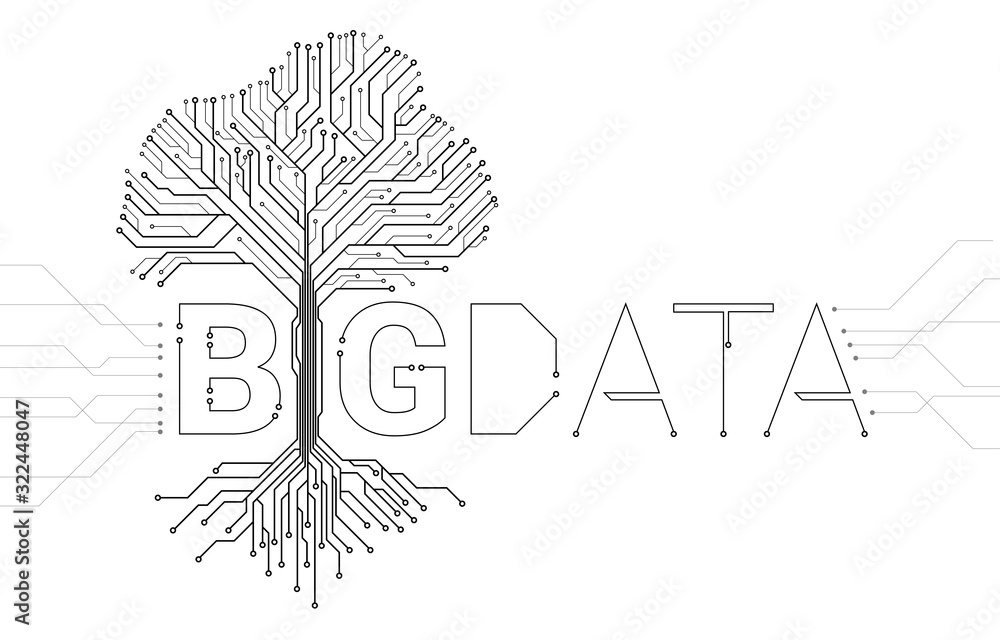 Poster Big Data Tree from digital line connect dot circuit board style. Background concept for digital data transformation.