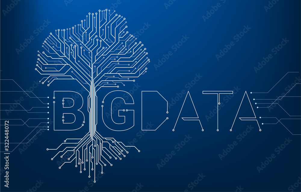 Poster Big Data Tree from digital line connect dot circuit board style. Background concept for digital data transformation.