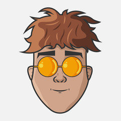 Character for your project. Cartoon vector illustration design. The man with brown hair. Portrait of smiling man with yellow glasses.