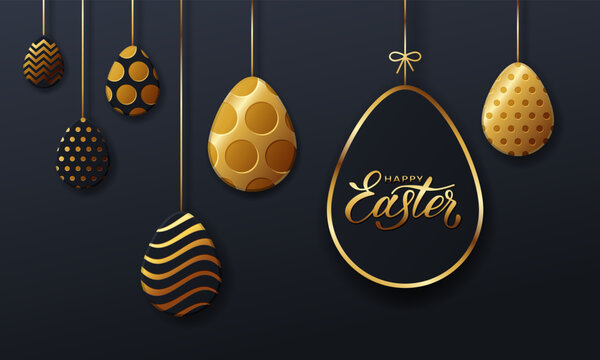 Gold eggs, Happy easter. Background of golden and black egg with dot patterns, spiral and lines pattern on a dark background for design cards, posters, invitations for Easter.