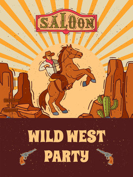 Wild west invite party template vector illustration. Vintage western poster and cowboy party flyer or invitation templates. For birthday or costume party