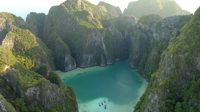 Aerial view of the tropical Pileh Lagoon in the Phi Phi Islands of Thailand during golden hour