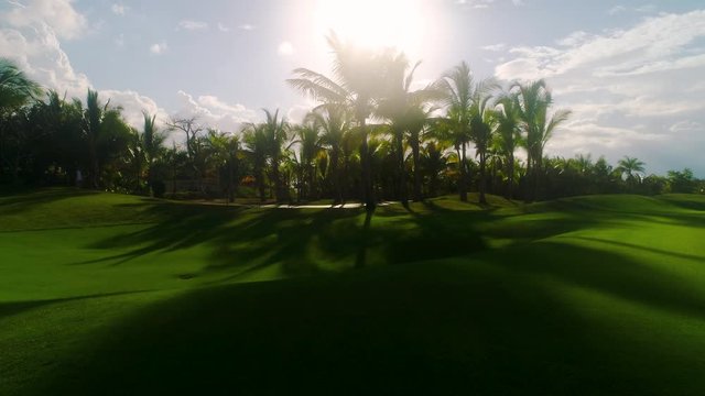 Golf course in luxury tropical resort. Sunset over sport fields, grounds and palm trees.