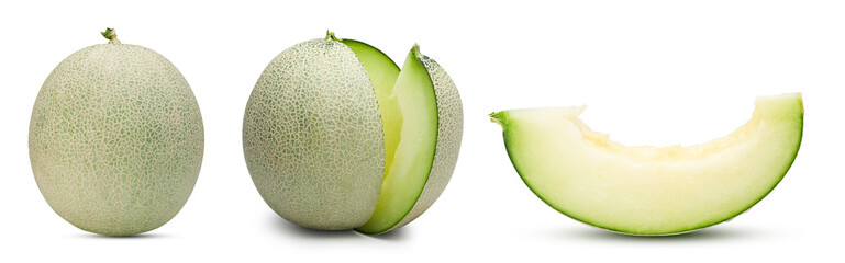 Collection of green melon isolated on white with clipping path. - obrazy, fototapety, plakaty