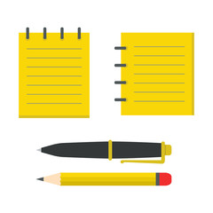Block Note, Ballpoint Pen, Pencil Vector Flat Design Illustration