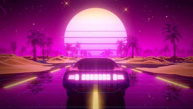 3D Retro Synthwave Car Landscape VJ Loop Motion Background