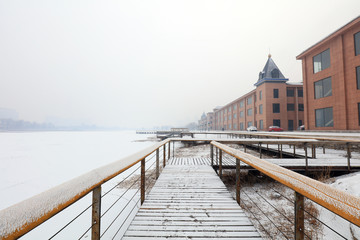 Wooden trestle in snow