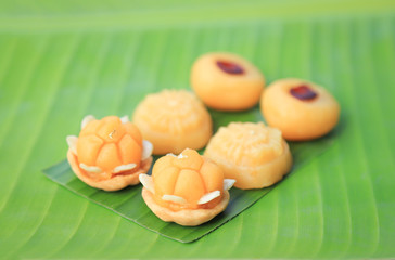 Thai sweet dessert on banana leaf for eating 