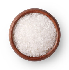 Sea salt in a bowl isolated on white. Top view.