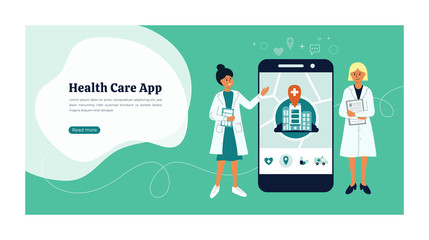 Design for health care mobile application. Two doctors show medical software. Vector illustration of huge smartphone screen with app icons and clinic building on map. Concept for layout, web, banner.