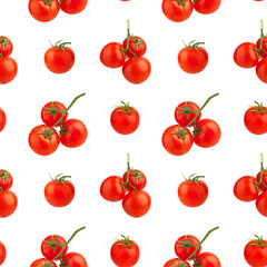 Seamless pattern of red tomatoes on white background isolated closeup, cut and whole cherry tomato repeating ornament, fresh vegetables art wallpaper, healthy natural food concept, trendy print design