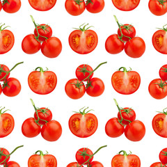 Seamless pattern of red tomatoes on white background isolated closeup, cut and whole cherry tomato repeating ornament, fresh vegetables art wallpaper, healthy natural food concept, trendy print design