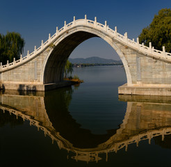 Xiuyi Bridge at south end of Kunming Lake and Pavilion of Brilliant Views at Summer Palace Beijing