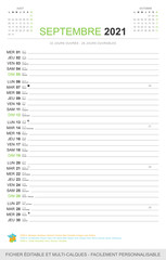 Calendrier mensuel Septembre 2021. Fichier éditable et multi-calques, facilement personnalisable.