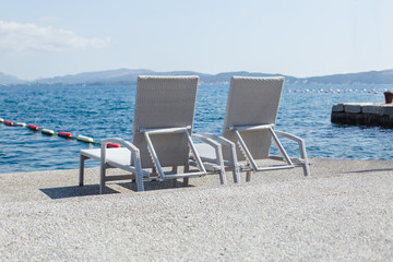 Montenegro View of the sea and mountains from the pier. Sunny day