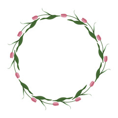 Spring frame of tulips in the shape of a circle. Rosebud. Vector. Place for text, photos. Isolated background. Idea for creating a greeting card, invitation, card. Floral ornament.