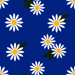 Daisies with leaves seamless pattern on a blue background