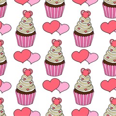 Vector graphic of the various sweets and desserts decorated into seamless pattern. Valentine's day seamless pattern of hearts and cupcakes. Beautiful abstract pattern with Valentine's day seamless