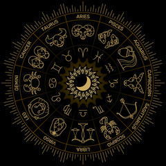 Zodiac astrology horoscope  illustration gold line on black minimal style.