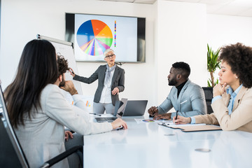A senior businesswoman presenting her ideas on the whiteboard to the team of professionals at the...
