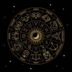 Zodiac wheel astrology horoscope black and gold color