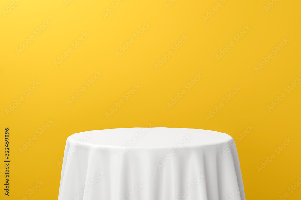 Poster White dinner table or empty pedestal display on vivid yellow background with elegant fabric. Blank stand for showing product. 3D rendering.