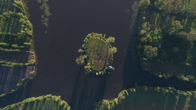 Aerial cenital shot of La Llorona Island in Xochimilco