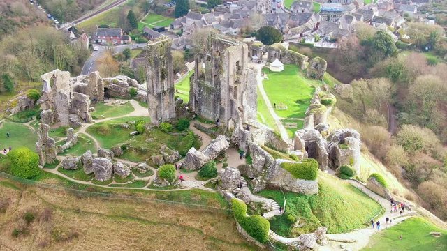 Corfe Castle in England - aerial view -aerial photography