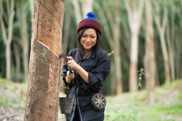 Female rubber tappers in the rubber tree row. Smiling look at the camera