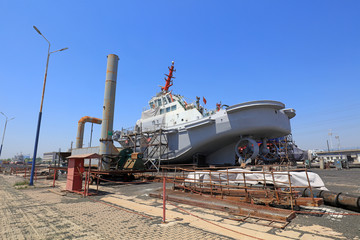 Fototapeta premium Ships awaiting repair are at the shipyard, Luannan County, Hebei Province, China