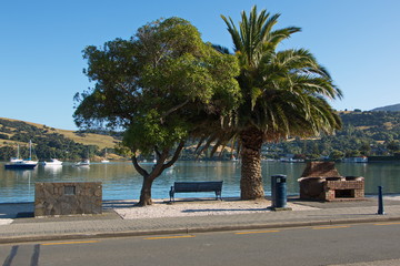 Waterfront in Akaroa on Banks Peninsula on South Island of New Zealand