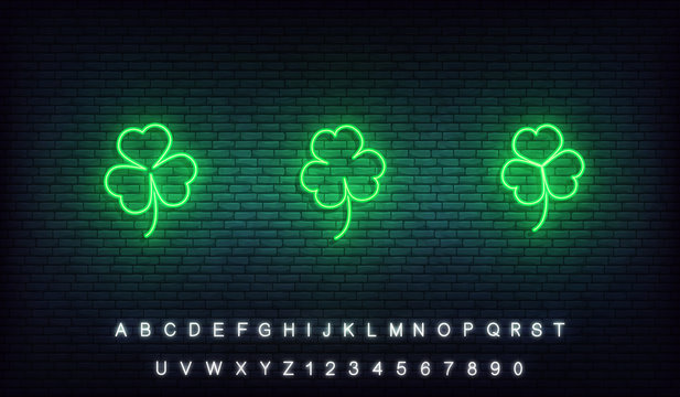 Clover neon Saint Patrick Day icons. Set of green Irish clover icons for Saint Patrick's Day