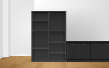 black showcase and cabinet in the room