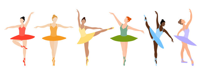 Dancing ballerina series. Vector set of ballerina dancing pointe set. Girls of different nationalities and skin colors. Black-skinned, fair-skinned ballerinas dance in different dresses.