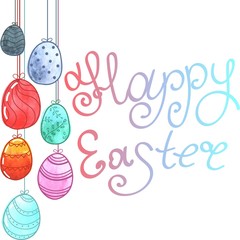 vector illustration for greeting card, watercolor easter eggs with a pattern on a string