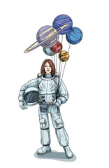 Astronaut holding the helmet and planets as the air balloons