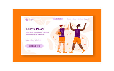 Landing page - basketball players with ball and copy space or text place, muscular athletic men or sportsman in uniform - banner template for sport academy website, app, flat people - vector