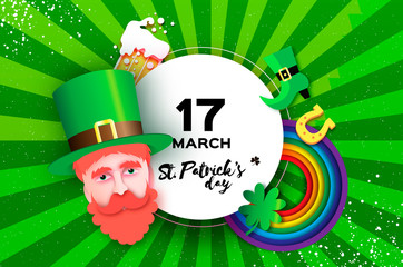 Happy St. Patricks day Greeting card in paper cut style. Leprechaun. Shamrock leaf clovers, Irish elf hat. Spring party. Religious holiday. Rainbow. Irish beer. Circle frame for text.