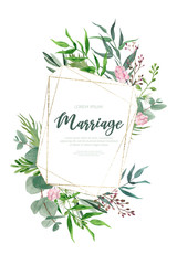 Geometry wedding card, watercolor greenery and golden frame