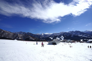 Fototapeta na wymiar 遠くに大源太山を望む岩原スキー場中腹からの眺め