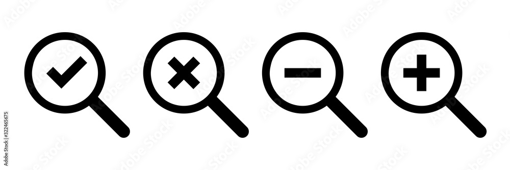 Poster loupe icons. vector isolated symbols. checkmark cross minus plus icons. magnifying glass icon vector