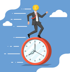 Running businessman with head clock coin. Watch, dollar coin. Annual revenue, financial investment, savings, bank deposit, future income, money benefit. Time is money. Flat vector illustration