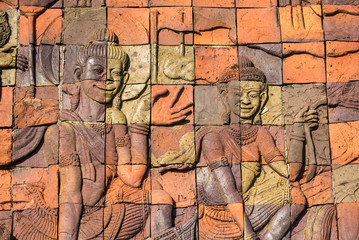 Fototapeta premium Chiang Mai , Thailand - January, 16, 2020 : The beautiful stone low relief depicting Buddha image inside the King and Queens Pagodas at Doi Inthanon National Park in ChiangMai, Thailand