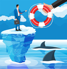 Desperate businessman floats on iceberg getting lifebuoy. Helping business to survive. Help, support, survival, investment, obstacle crisis. Risk management. Flat vector illustration