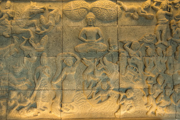 Chiang Mai , Thailand - January, 16, 2020 : The beautiful stone low relief depicting Buddha image inside the King and Queens Pagodas at Doi Inthanon National Park in ChiangMai, Thailand