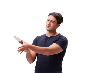 Young mobster with knife isolated on white