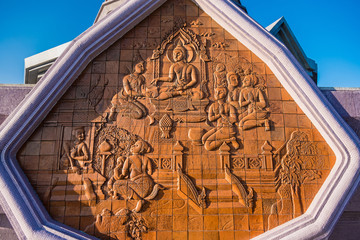 Chiang Mai , Thailand - January, 16, 2020 : The beautiful stone low relief depicting Buddha image inside the King and Queens Pagodas at Doi Inthanon National Park in ChiangMai, Thailand
