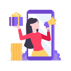 Refer a friend flat style design vector illustration isolated on white background. Woman with megaphone and gift box standin up in the smartphone and shout out. Social media ad concept symbols.